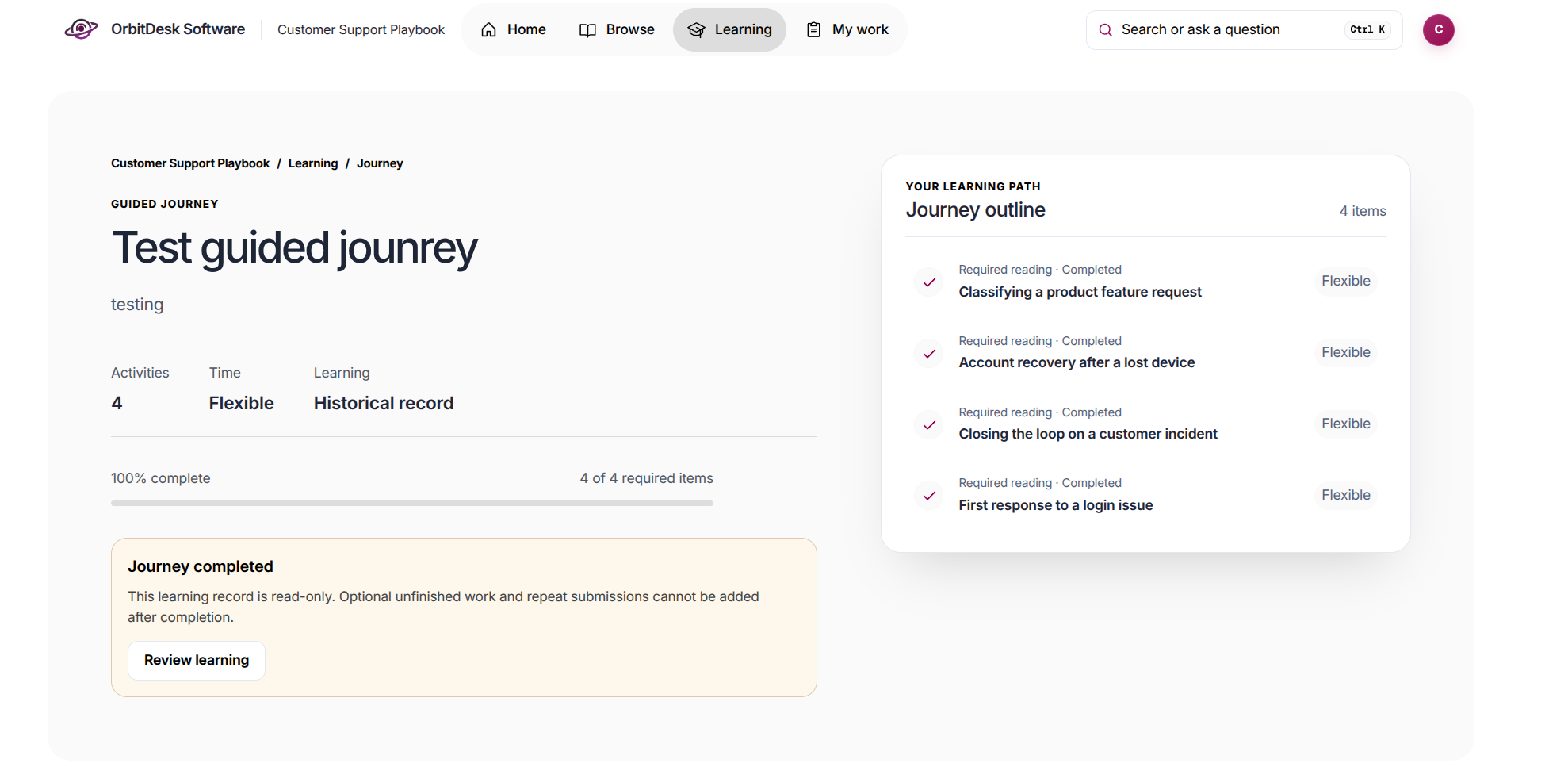 OrbitDesk Software demo completed guided journey with a four-item learning outline